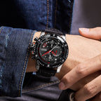 MEGIR 2130 men's chronograph watch on the wrist, black case with black dial and black leather strap