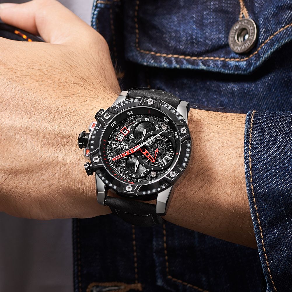 MEGIR 2130 men's chronograph watch on the wrist, black case with black dial and black leather strap, red accents