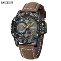 MEGIR 2130 men's chronograph watch, black case with black-and-grey dial and brown leather strap, front view
