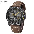 MEGIR 2130 men's chronograph watch, black case with black-and-grey dial and brown leather strap, front view