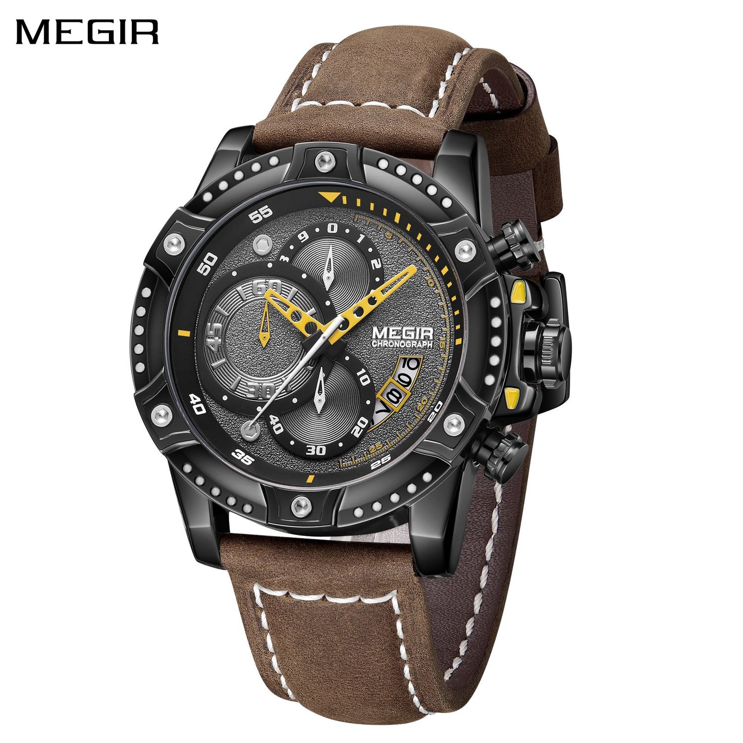 MEGIR 2130 men's chronograph watch, black case with black-and-grey dial and brown leather strap, front view