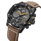 MEGIR 2130 men's chronograph watch, black case with black-and-grey dial and brown leather strap, angled view