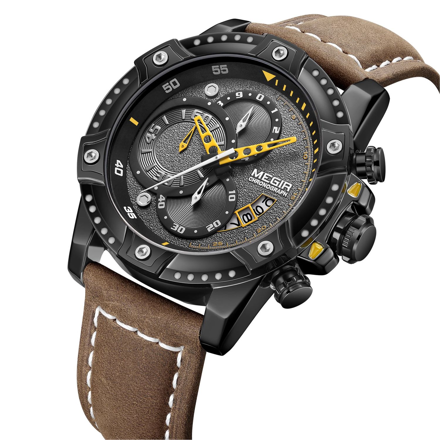 MEGIR 2130 men's chronograph watch, black case with black-and-grey dial and brown leather strap, angled view