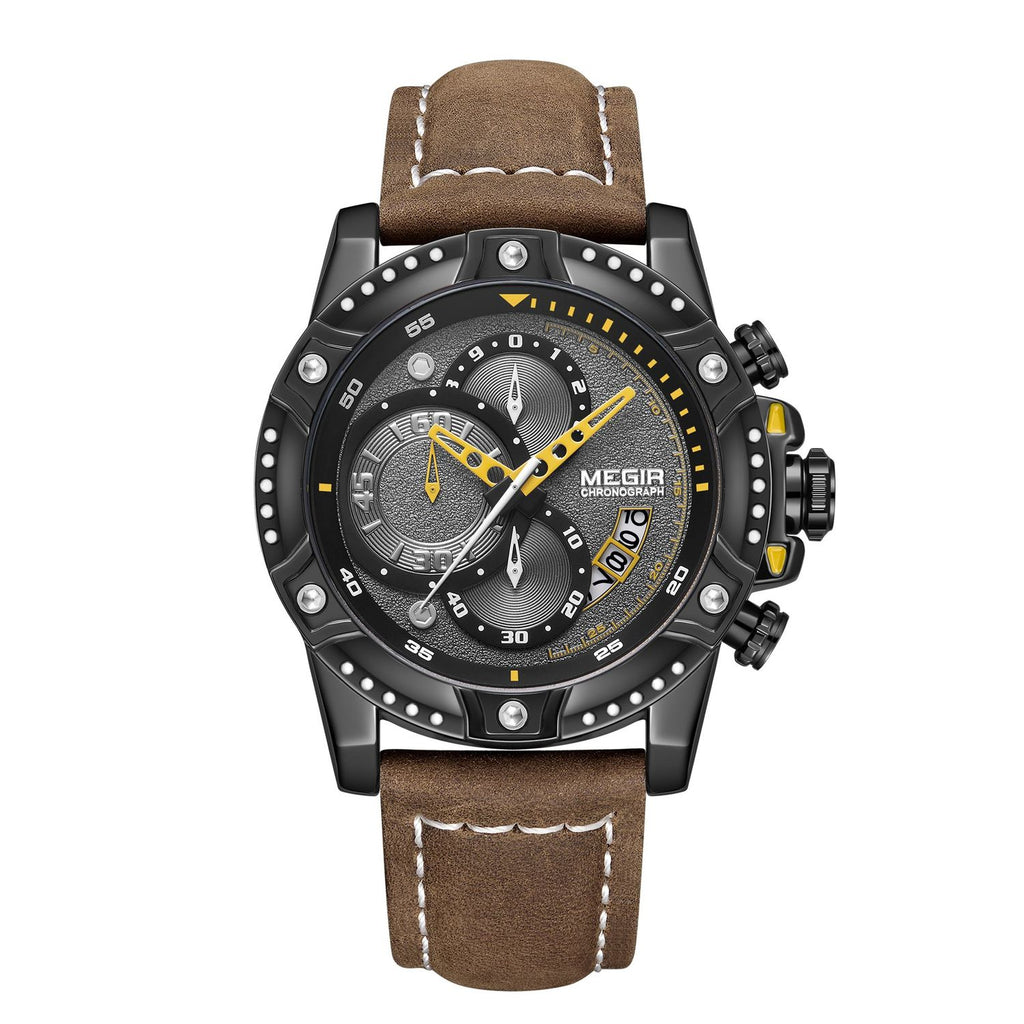 MEGIR 2130 men's chronograph watch, black case with black-and-grey dial and brown leather strap, front studio view