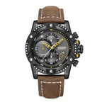 MEGIR 2130 men's chronograph watch, black case with black-and-grey dial and brown leather strap, front studio view