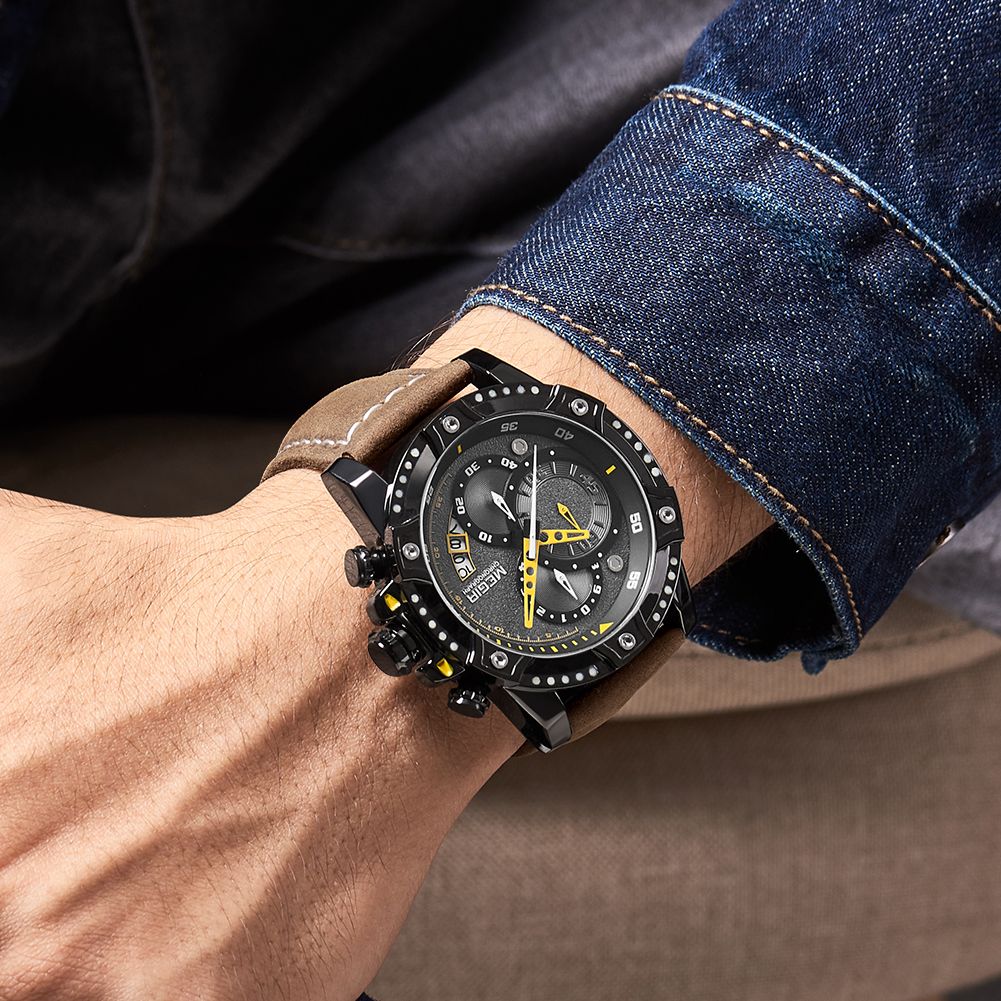 MEGIR 2130 men's chronograph watch on the wrist, black case with black-and-grey dial and brown leather strap