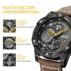 MEGIR 2130 men's chronograph watch feature graphic explaining the 1/10-second, minute and second chronograph sub-dials