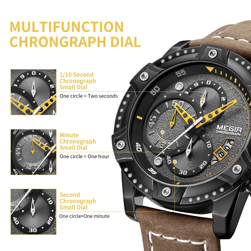 MEGIR 2130 men's chronograph watch feature graphic explaining the 1/10-second, minute and second chronograph sub-dials