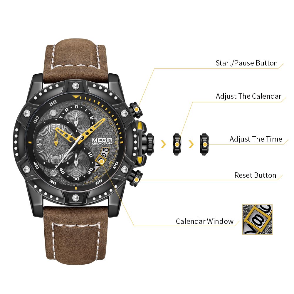 MEGIR 2130 men's chronograph watch operation graphic showing the start, calendar and reset buttons and crown
