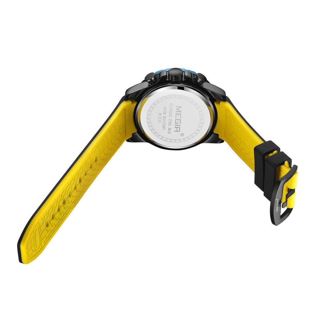 MEGIR 2133 men's chronograph watch caseback with engravings and yellow silicone strap with buckle