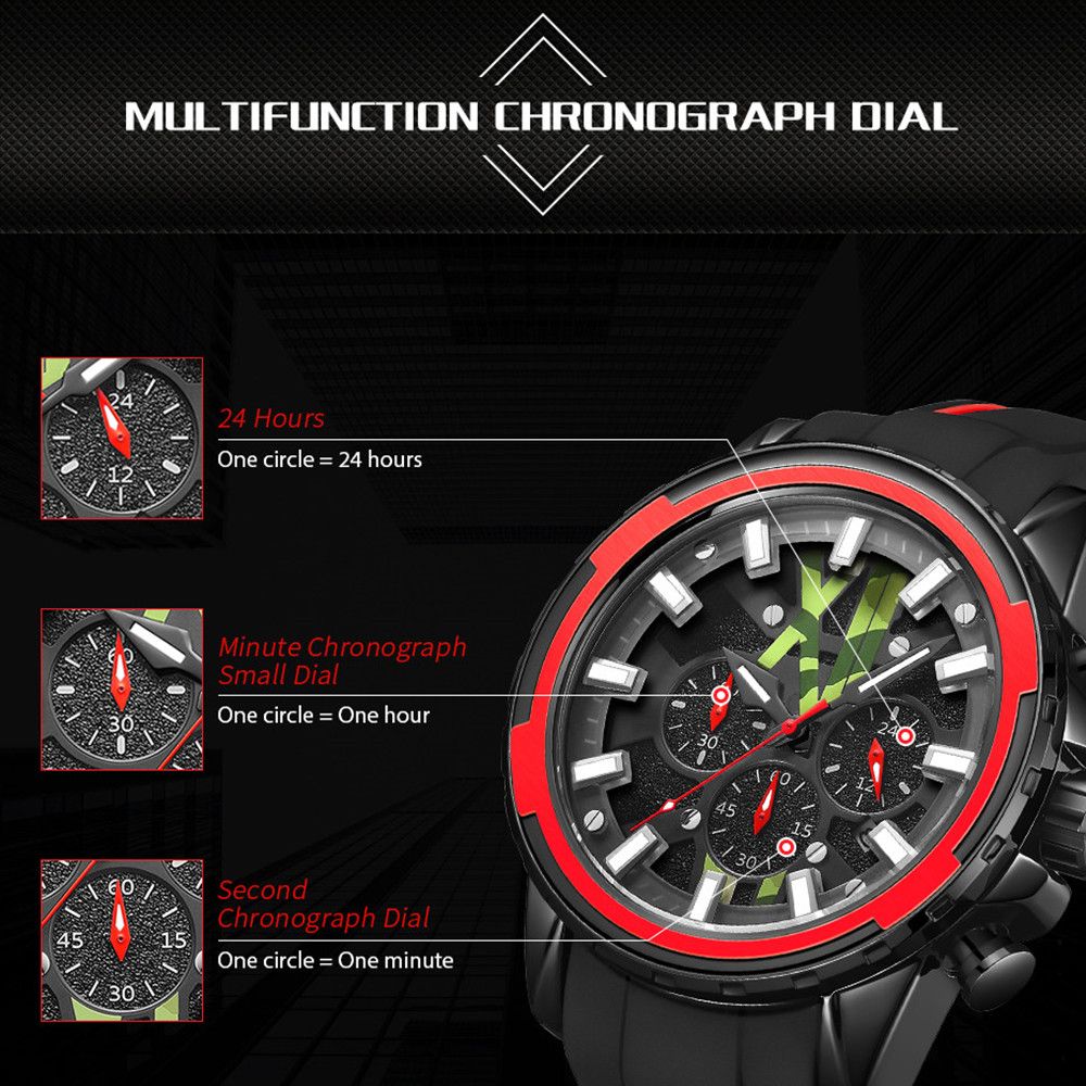 MEGIR 2133 men's chronograph watch feature graphic explaining the 24-hour, minute and second chronograph sub-dials