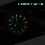 MEGIR 2133 men's chronograph watch feature graphic showing luminous hands and markers glowing in the dark