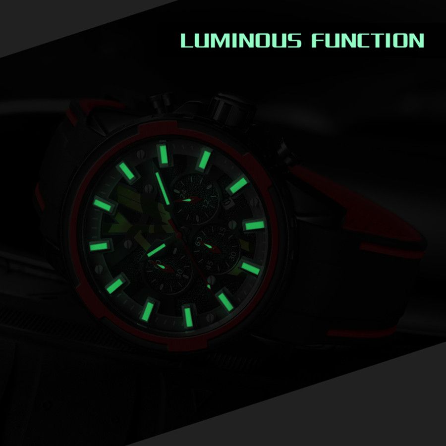 MEGIR 2133 men's chronograph watch feature graphic showing luminous hands and markers glowing in the dark