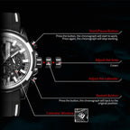 MEGIR 2133 men's chronograph watch operation graphic showing the start, calendar and reset buttons and crown