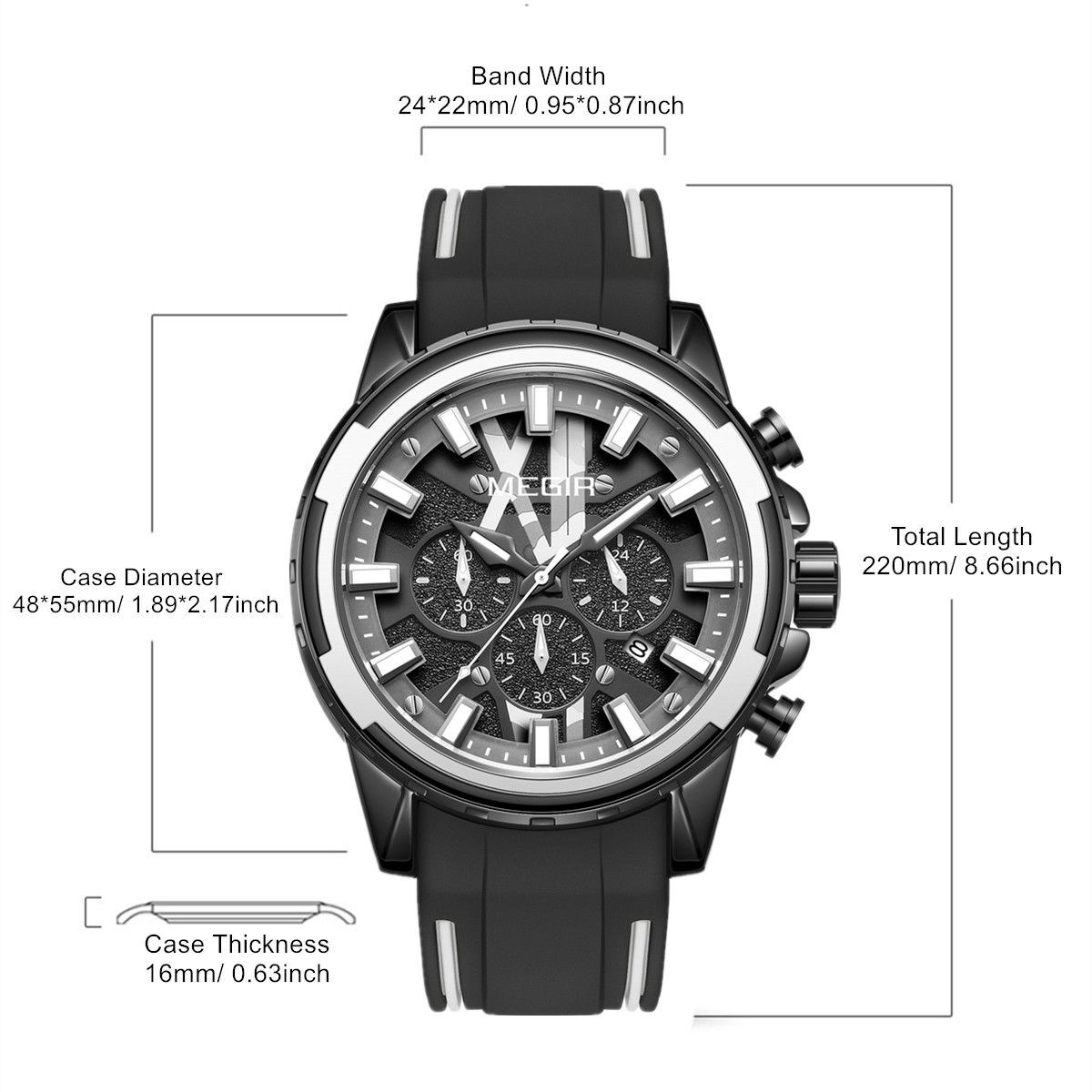 MEGIR 2133 men's chronograph watch parameters graphic with band width, case diameter and thickness