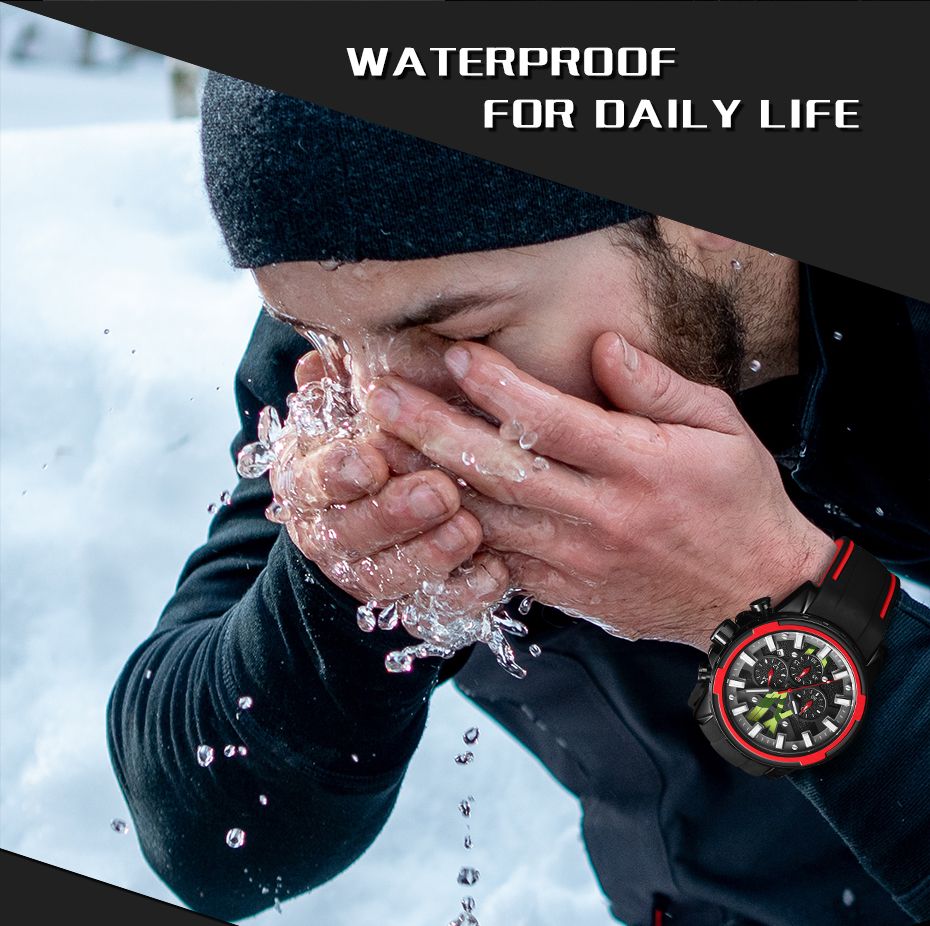 MEGIR 2133 men's chronograph watch water-resistance lifestyle graphic worn while washing outdoors in winter