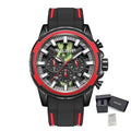 MEGIR 2133 men's chronograph watch, black case with red bezel and black dial on black silicone strap, with gift box
