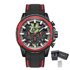 MEGIR 2133 men's chronograph watch, black case with red bezel and black dial on black silicone strap, with gift box