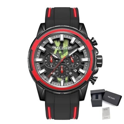 MEGIR 2133 men's chronograph watch, black case with red bezel and black dial on black silicone strap, with gift box