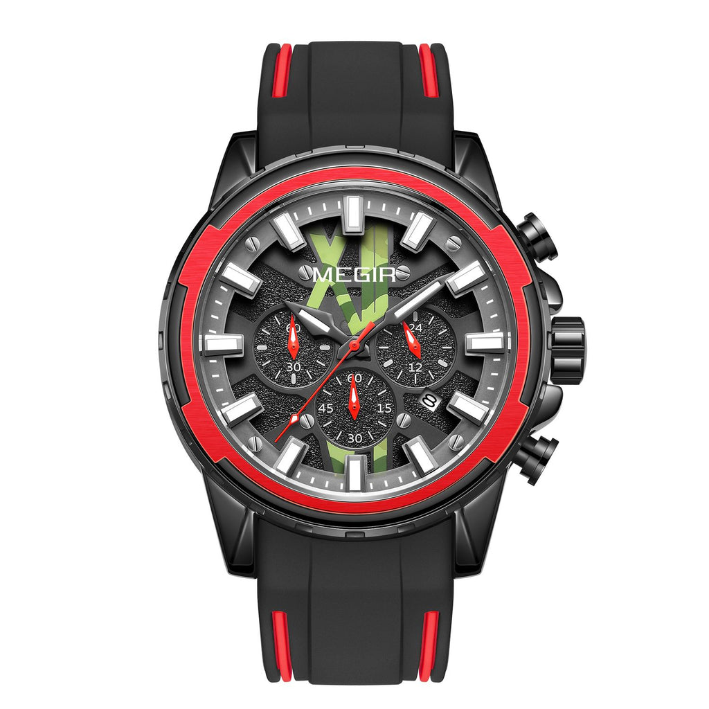 MEGIR 2133 men's chronograph watch, black case with red bezel and black dial on black-and-red silicone strap, front view
