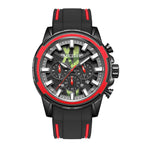 MEGIR 2133 men's chronograph watch, black case with red bezel and black dial on black-and-red silicone strap, front view