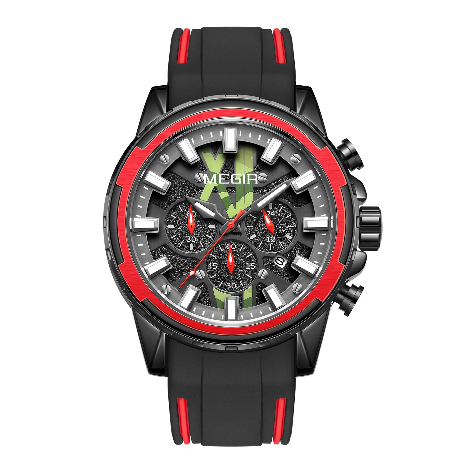 MEGIR 2133 men's chronograph watch, black case with red bezel and black dial on black-and-red silicone strap, front view