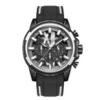 MEGIR 2133 men's chronograph watch, black case with silver bezel and black dial on black silicone strap, front view
