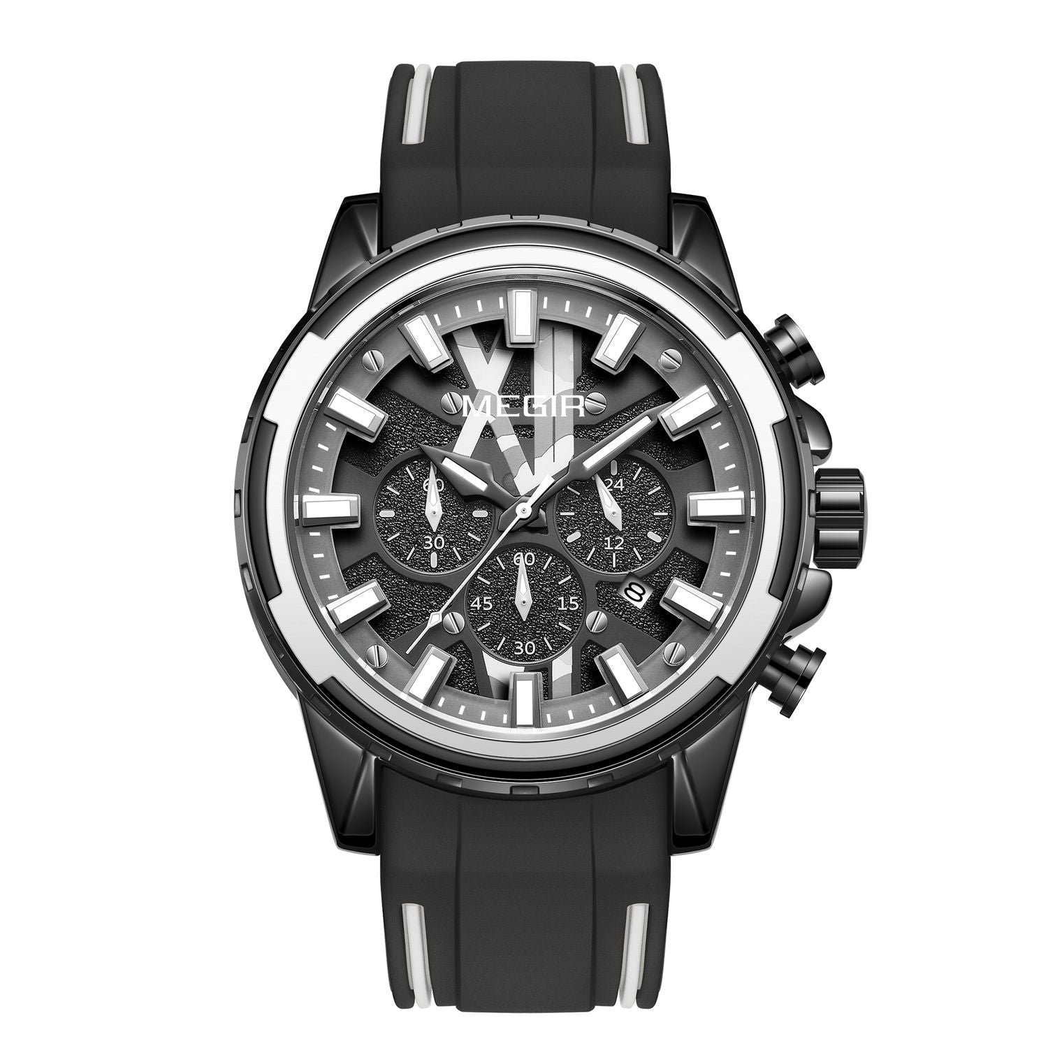 MEGIR 2133 men's chronograph watch, black case with silver bezel and black dial on black silicone strap, front view