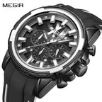 MEGIR 2133 men's chronograph watch, black case with silver bezel and black dial on black silicone strap, angled view