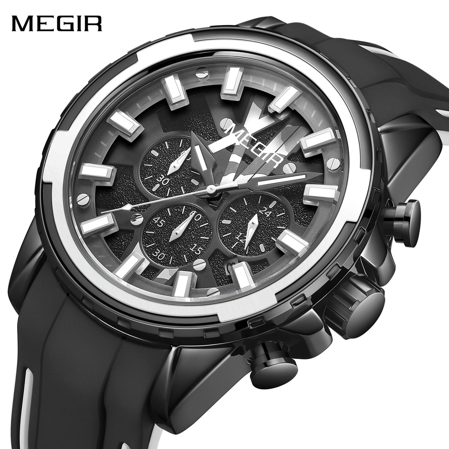 MEGIR 2133 men's chronograph watch, black case with silver bezel and black dial on black silicone strap, angled view