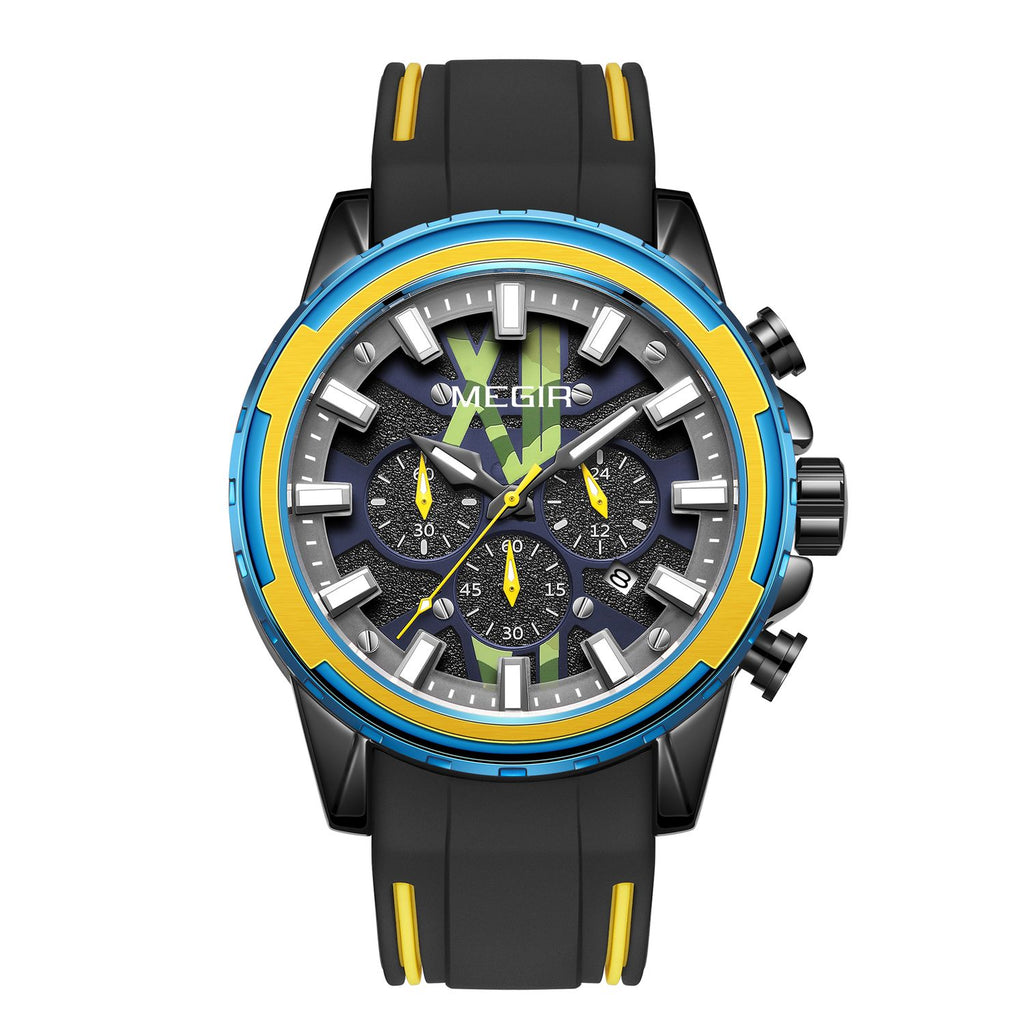 MEGIR 2133 men's chronograph watch, black case with blue-and-yellow bezel and black silicone strap, front studio view