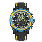 MEGIR 2133 men's chronograph watch, black case with blue-and-yellow bezel and black silicone strap, front studio view