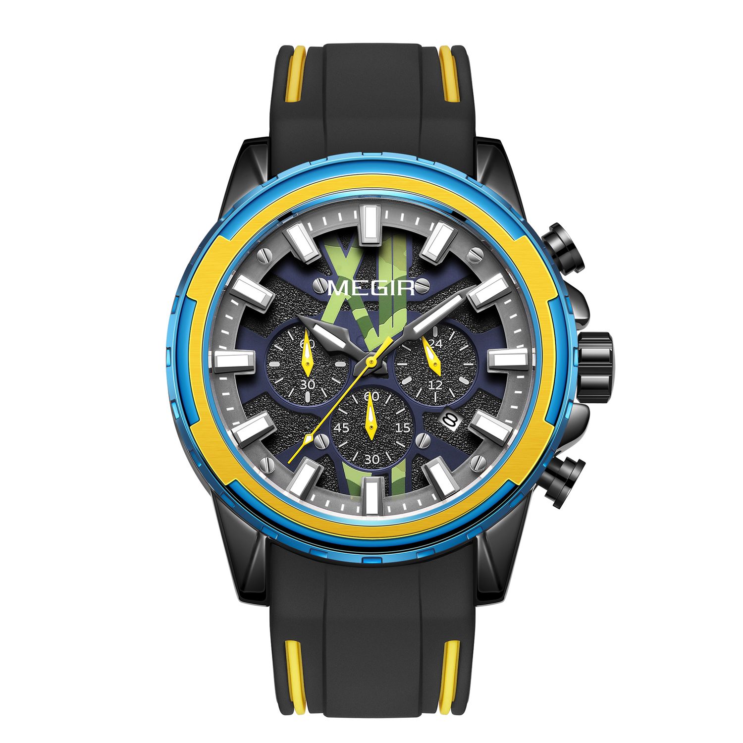 MEGIR 2133 men's chronograph watch, black case with blue-and-yellow bezel and black silicone strap, front studio view