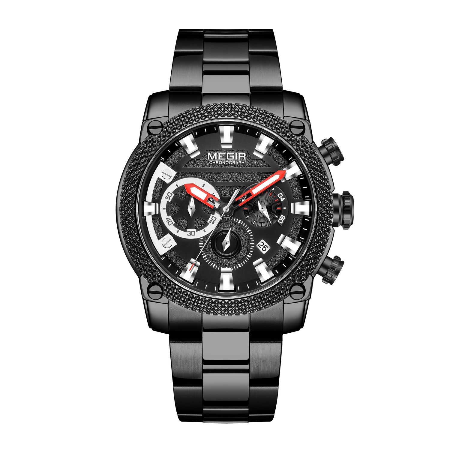 MEGIR 2134 men's chronograph watch, black case with black dial and black steel bracelet, front studio view