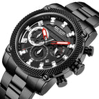 MEGIR 2134 men's chronograph watch, black case with black dial and black steel bracelet, three-quarter view
