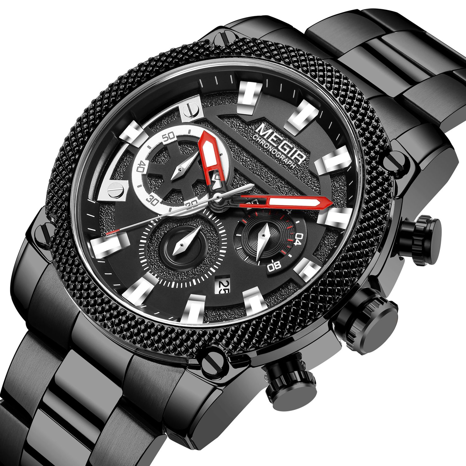 MEGIR 2134 men's chronograph watch, black case with black dial and black steel bracelet, three-quarter view