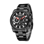 MEGIR 2134 men's chronograph watch, black case with black dial and black steel bracelet, side angle view
