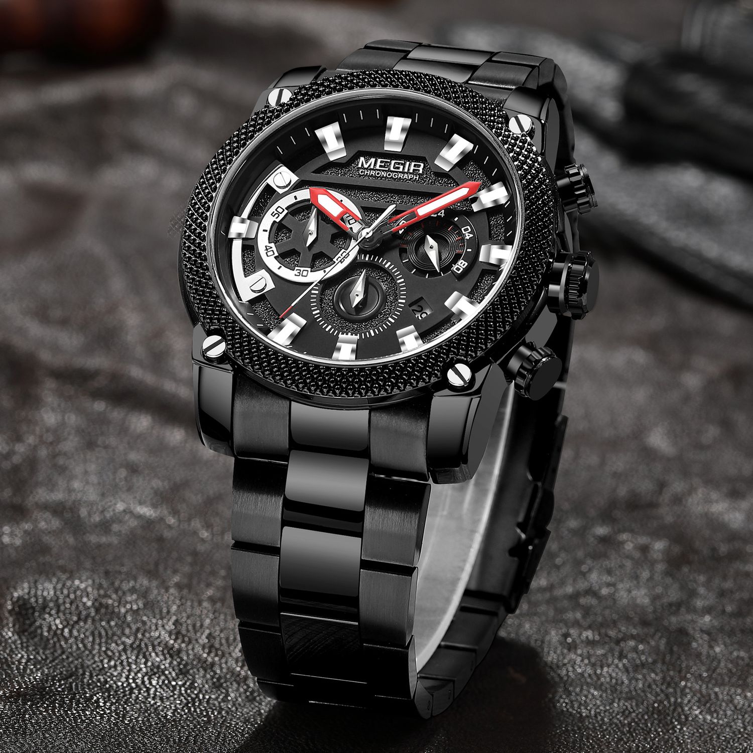 MEGIR 2134 men's chronograph watch, black case with black dial and black steel bracelet, angled view