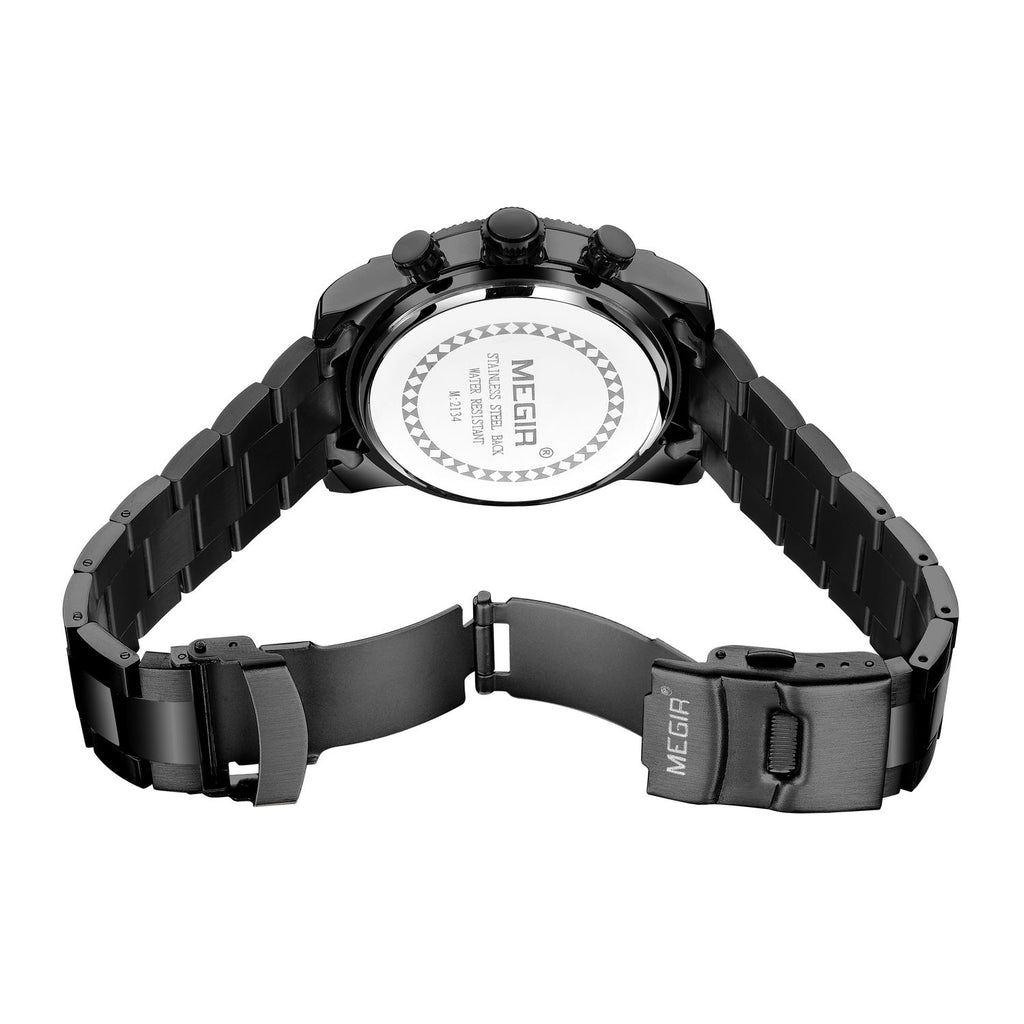 MEGIR 2134 men's chronograph watch caseback with engravings and black steel bracelet with clasp