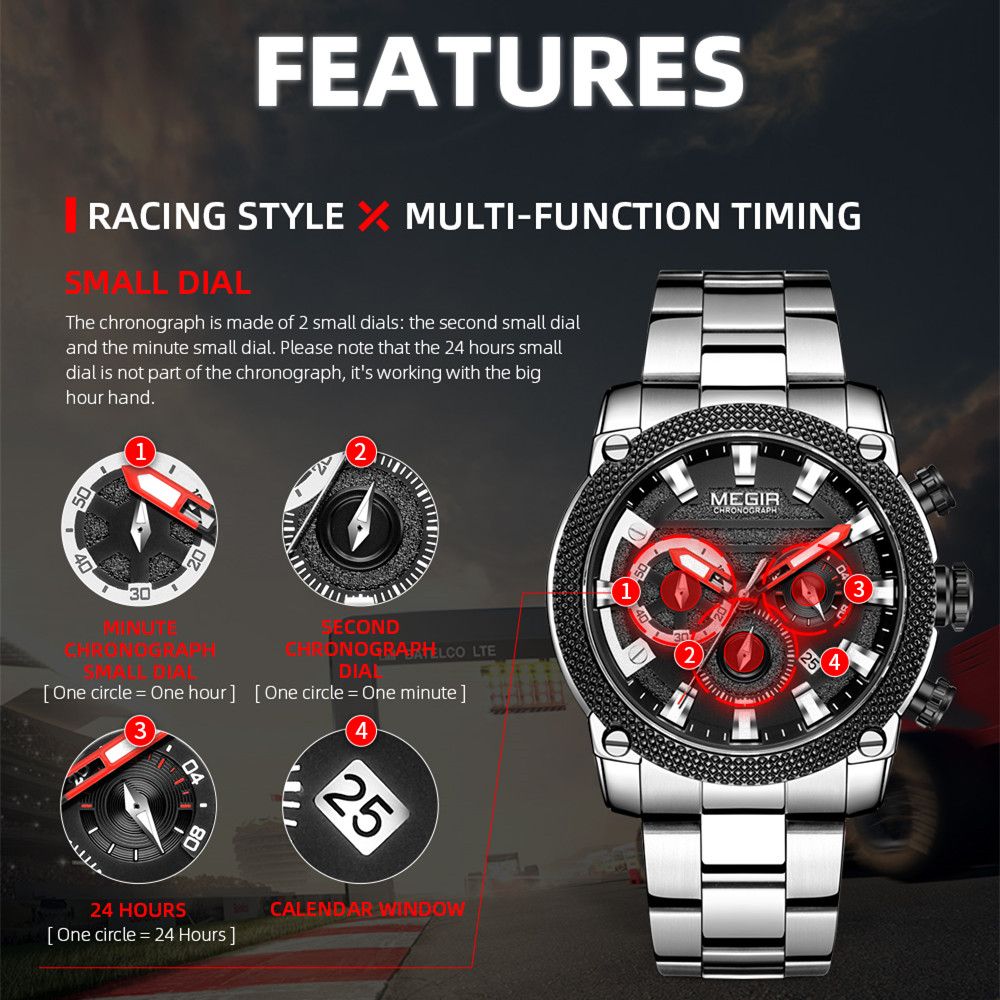 MEGIR 2134 men's chronograph watch feature graphic explaining the minute, second, 24-hour sub-dials and calendar