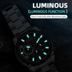 MEGIR 2134 men's chronograph watch feature graphic showing luminous hands and markers glowing in the dark