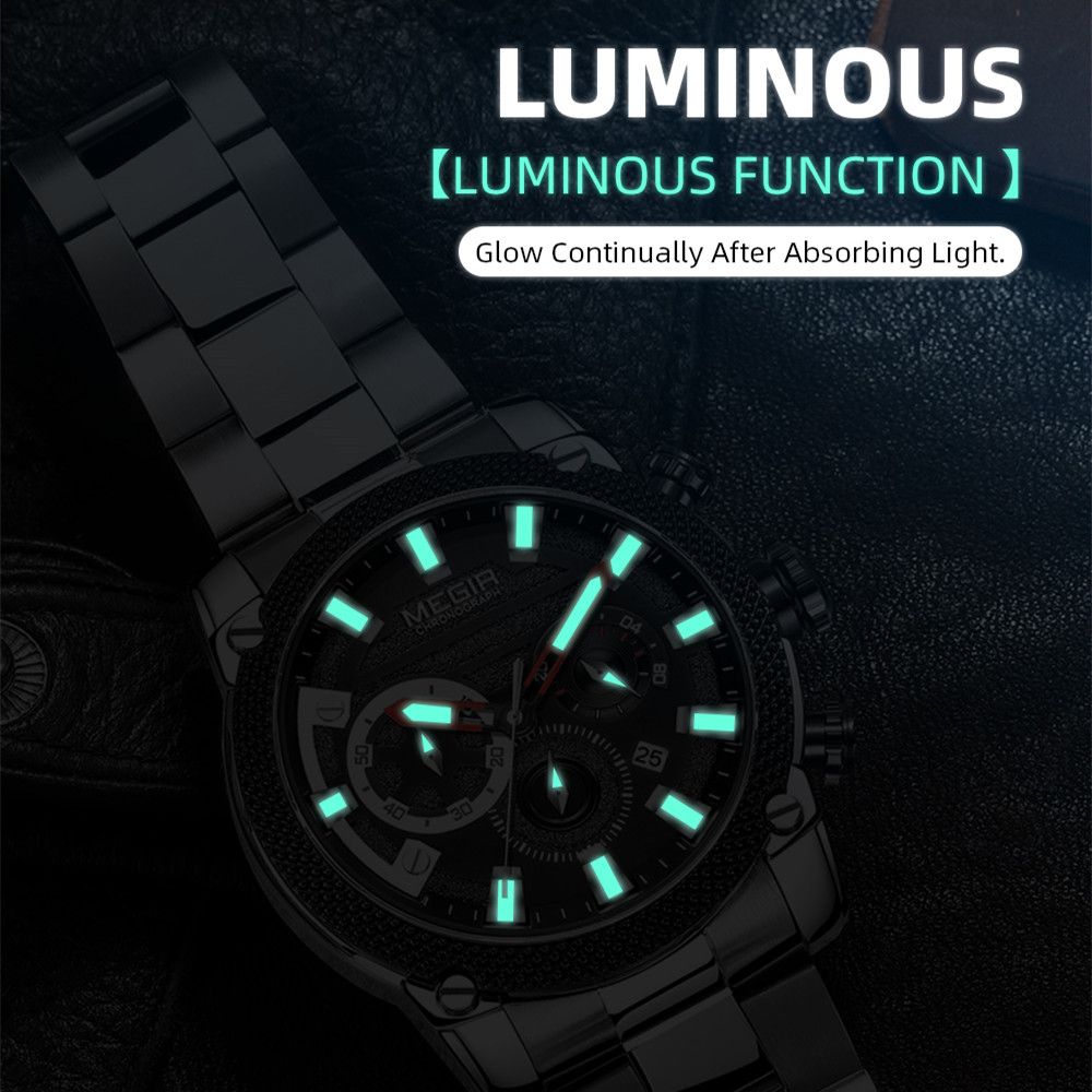 MEGIR 2134 men's chronograph watch feature graphic showing luminous hands and markers glowing in the dark