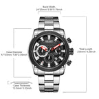 MEGIR 2134 men's chronograph watch parameters graphic with band width, case diameter and thickness