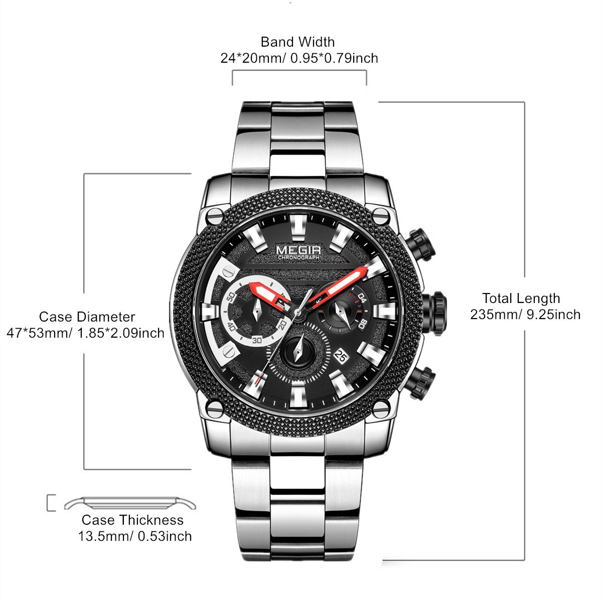 MEGIR 2134 men's chronograph watch parameters graphic with band width, case diameter and thickness