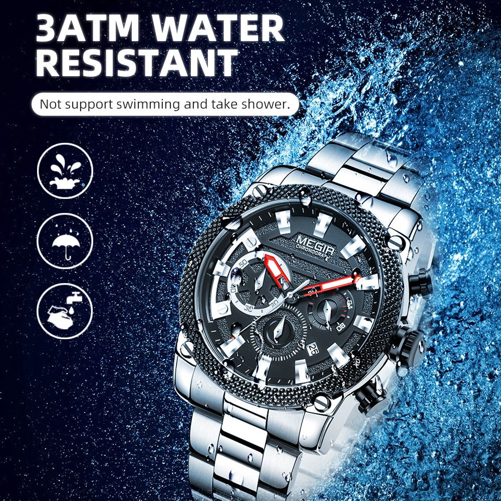 MEGIR 2134 men's chronograph watch water-resistance graphic noting no swimming or showering