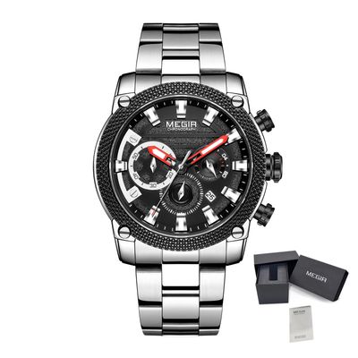 MEGIR 2134 men's chronograph watch, silver steel case and bracelet with black bezel and black dial, with gift box
