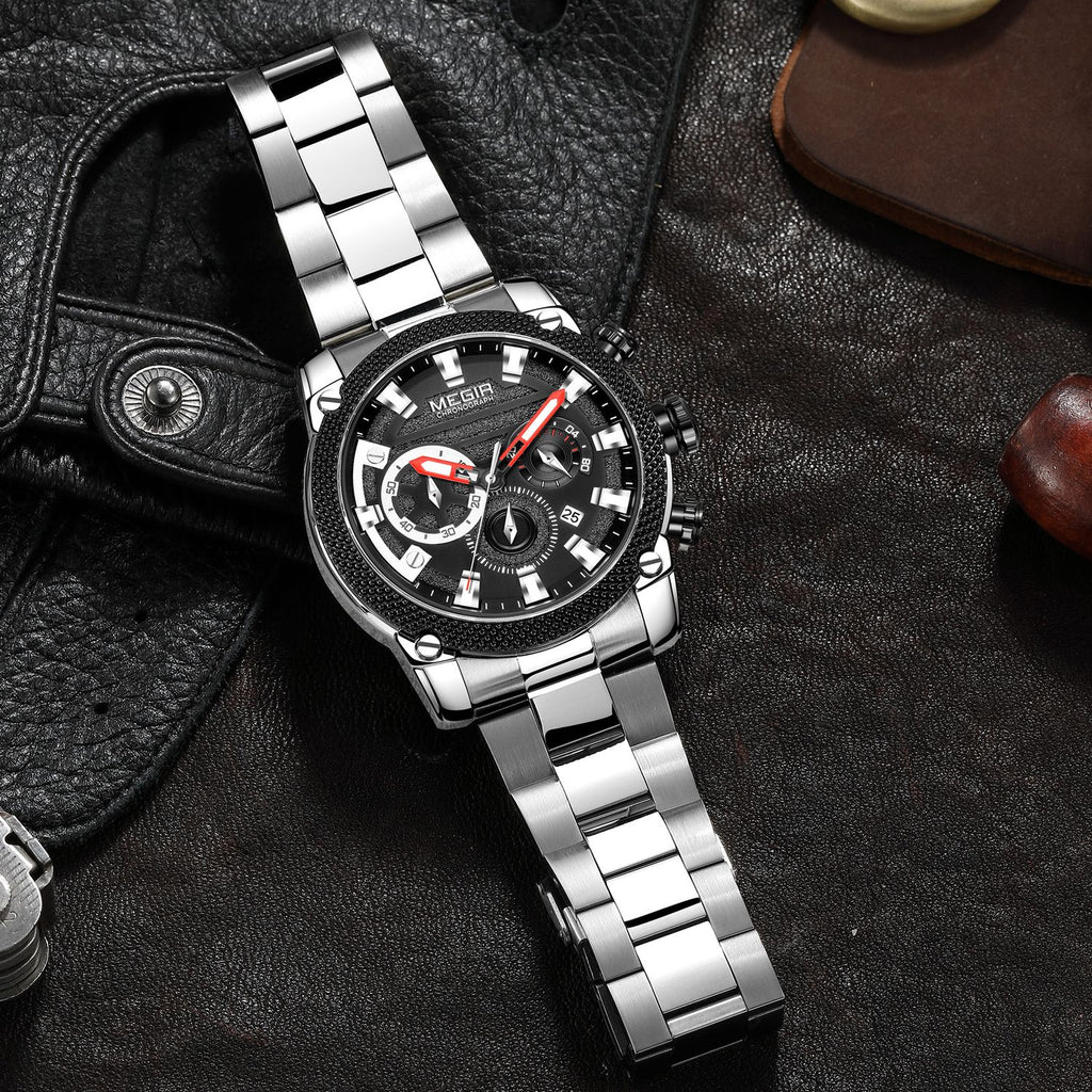 MEGIR 2134 men's chronograph watch, silver case with black dial and stainless steel bracelet, angled view