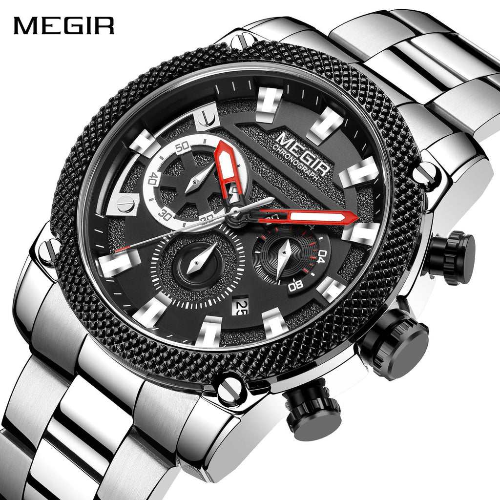 MEGIR 2134 men's chronograph watch, silver case with black dial and stainless steel bracelet, front studio view