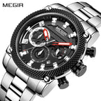 MEGIR 2134 men's chronograph watch, silver case with black dial and stainless steel bracelet, front studio view