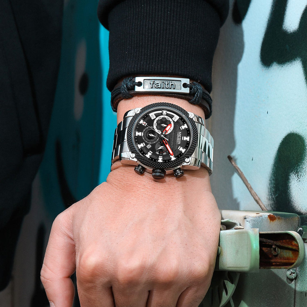 MEGIR 2134 men's chronograph watch on the wrist, silver case with black dial and stainless steel bracelet